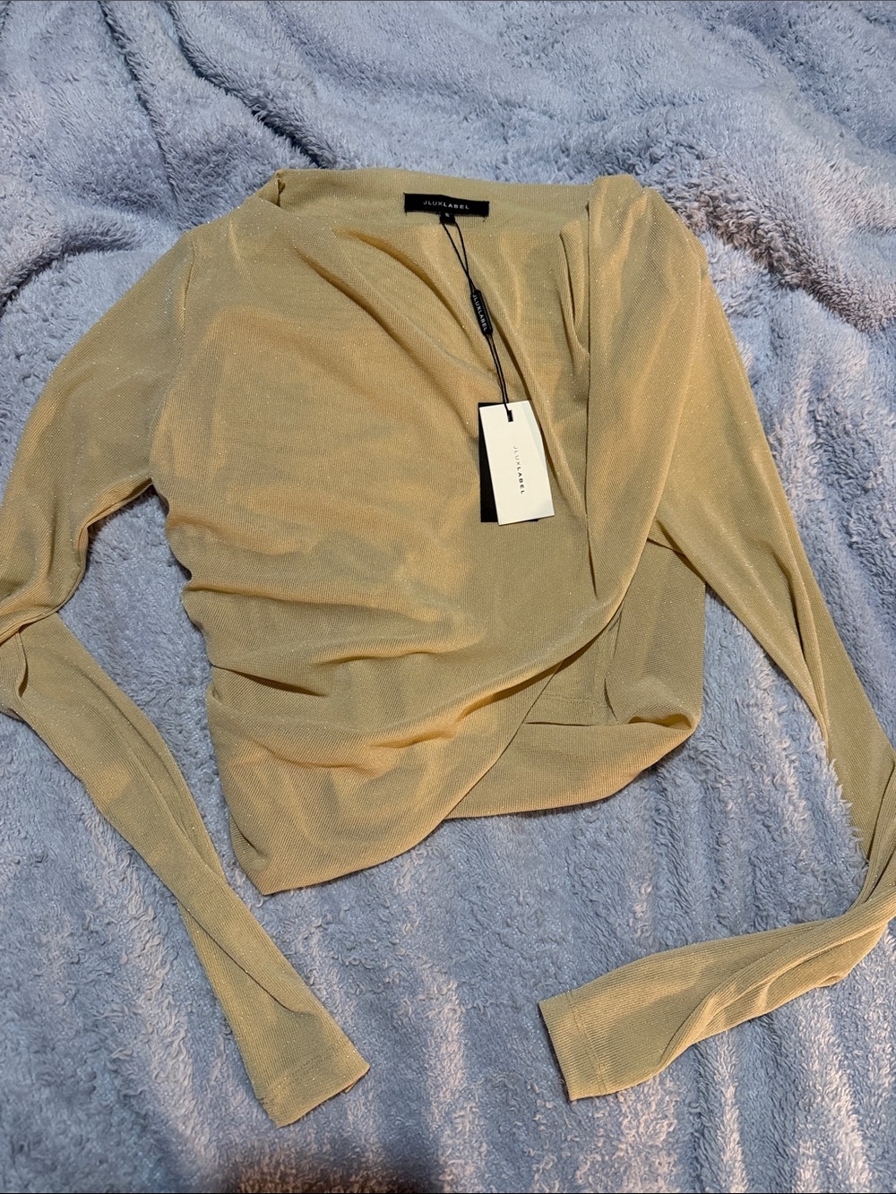 Shimmery Wrap-Front Long Sleeve Top in Light Gold